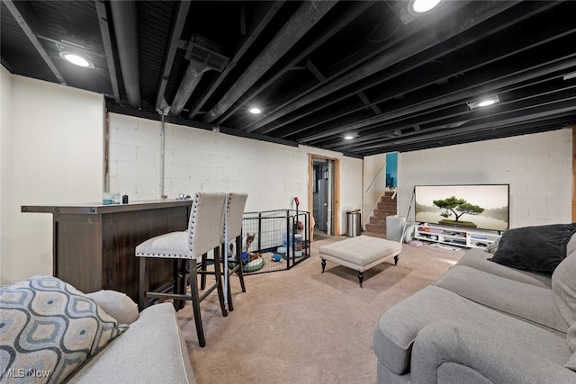 living room with light colored carpet and indoor bar