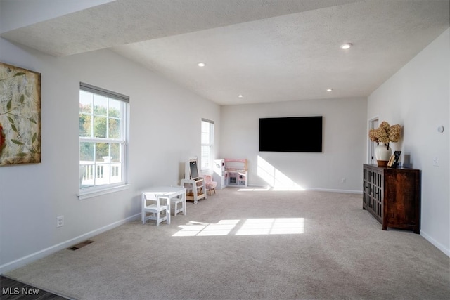 game room with a textured ceiling and light colored carpet