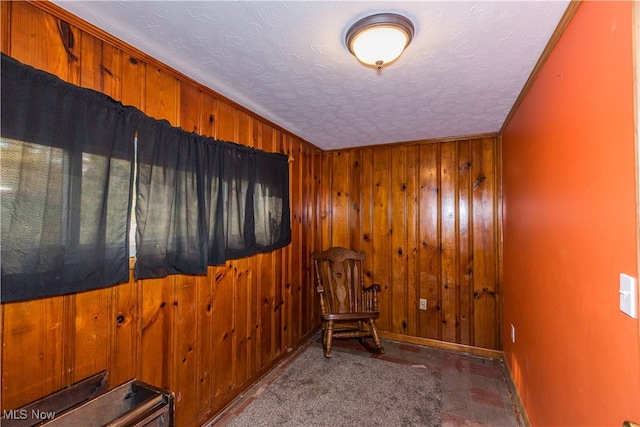 sitting room featuring wooden walls and a textured ceiling