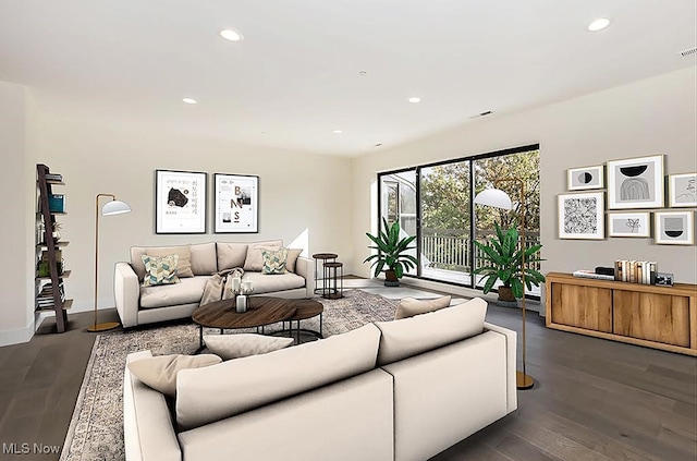 living room with dark hardwood / wood-style floors