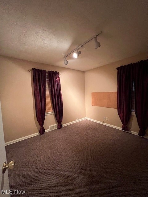 spare room with a textured ceiling, carpet, and rail lighting