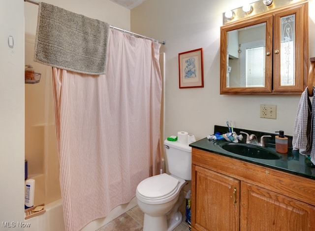 full bathroom with toilet, shower / bath combo, vanity, and tile patterned floors