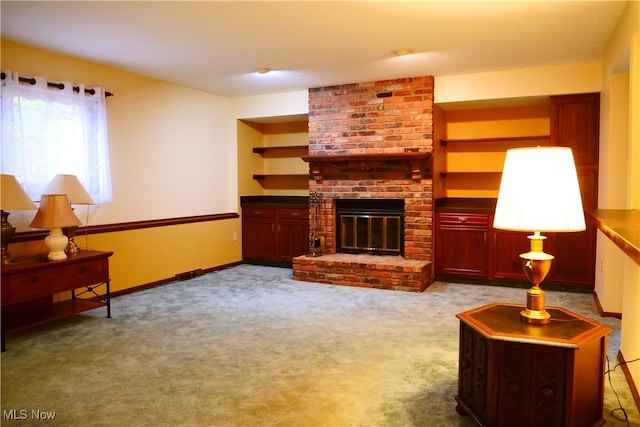 carpeted living room featuring a brick fireplace