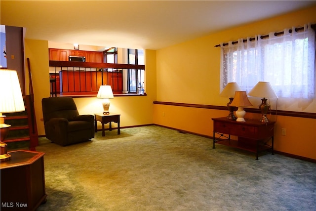 living area with dark colored carpet