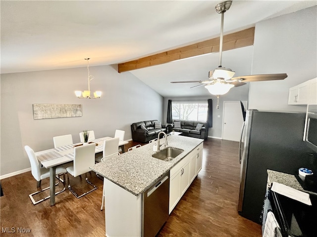 kitchen with a center island with sink, sink, white cabinetry, stainless steel appliances, and dark hardwood / wood-style floors