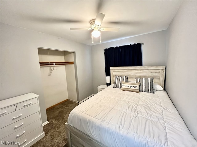 carpeted bedroom featuring a closet and ceiling fan