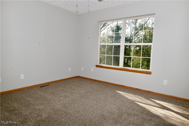 carpeted spare room with a textured ceiling