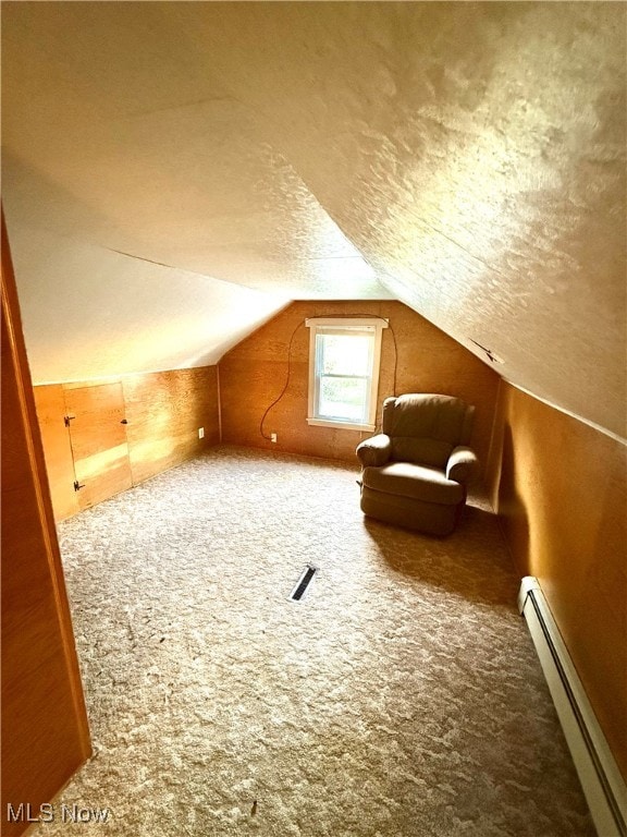 additional living space featuring carpet floors, baseboard heating, a textured ceiling, and vaulted ceiling