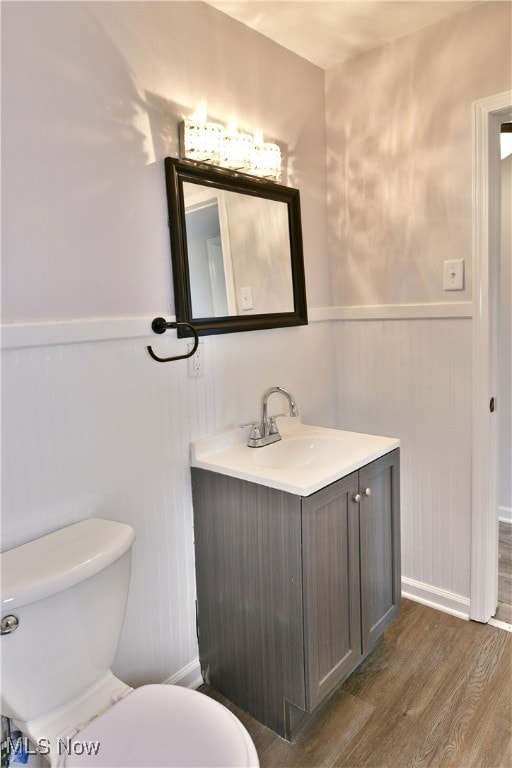 bathroom with vanity, toilet, and wood-type flooring