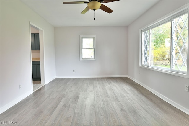 empty room with light hardwood / wood-style floors and ceiling fan