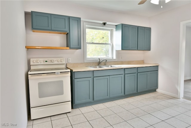 kitchen with light tile patterned flooring, sink, blue cabinets, ceiling fan, and white electric range oven