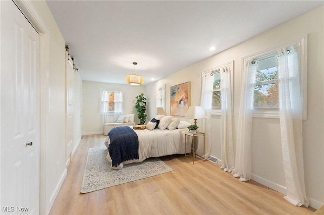 bedroom featuring light hardwood / wood-style flooring and multiple windows