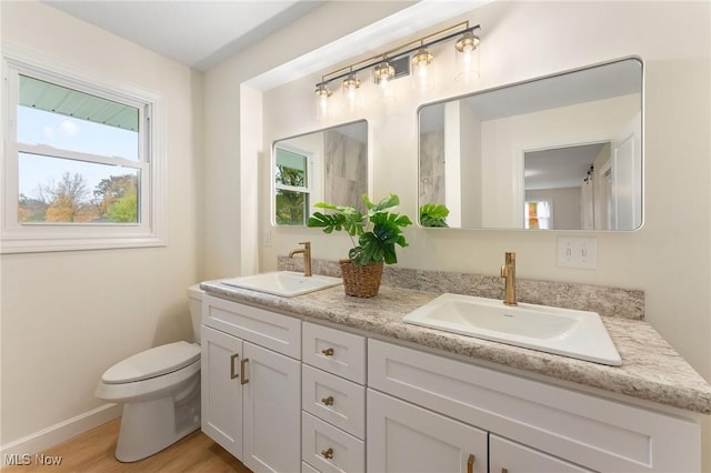 bathroom with vanity, hardwood / wood-style flooring, and toilet