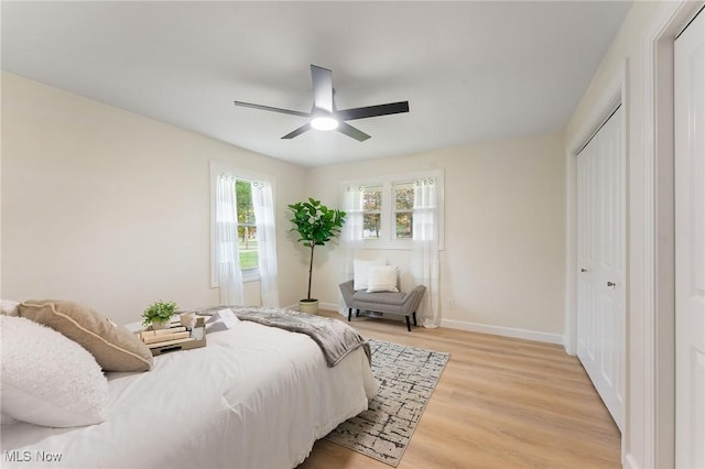 bedroom with ceiling fan, a closet, and light hardwood / wood-style floors