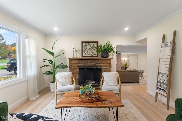 living room with light hardwood / wood-style floors, crown molding, a fireplace, and a wealth of natural light