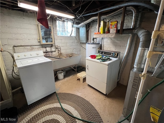 washroom with sink, electric panel, water heater, and heating unit