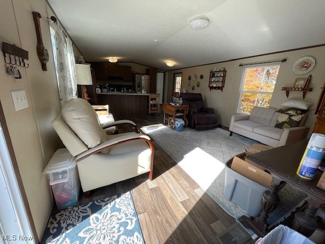 living room with hardwood / wood-style flooring and vaulted ceiling