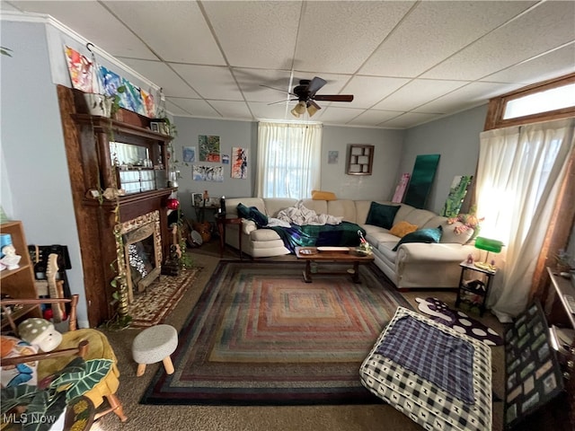 carpeted living room featuring a stone fireplace, a paneled ceiling, a healthy amount of sunlight, and ceiling fan