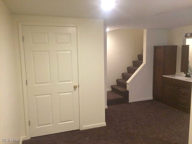 basement with dark carpet