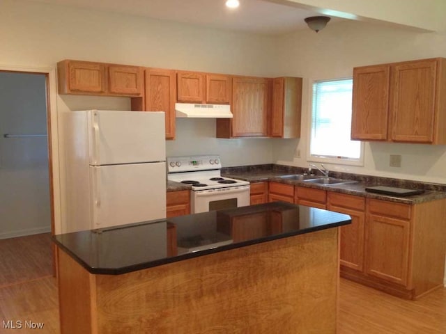 kitchen featuring light hardwood / wood-style floors, a center island, sink, and white appliances