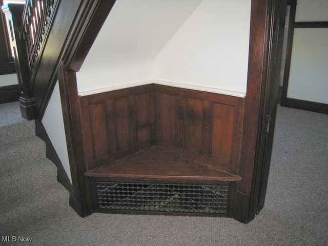 interior details with carpet flooring and wood walls