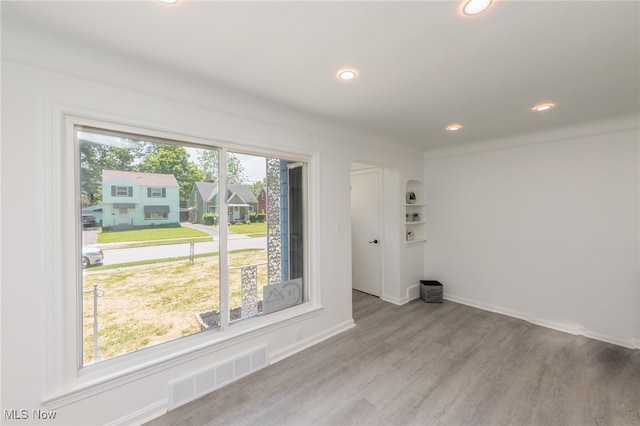 spare room featuring a wealth of natural light and light hardwood / wood-style flooring