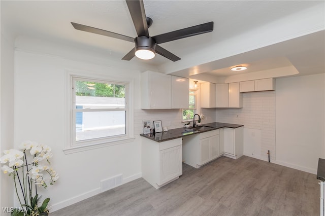 kitchen featuring white cabinetry, sink, and light wood-type flooring