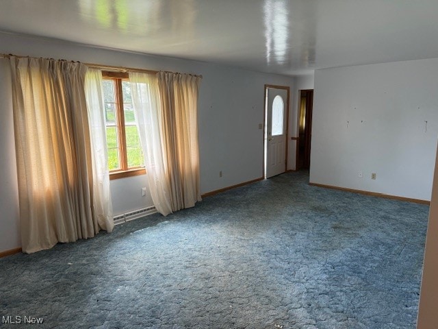 carpeted empty room with a baseboard radiator