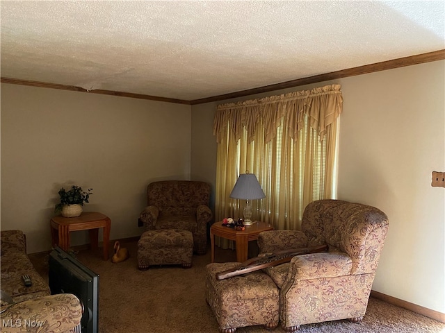 living area featuring carpet floors, a textured ceiling, and crown molding