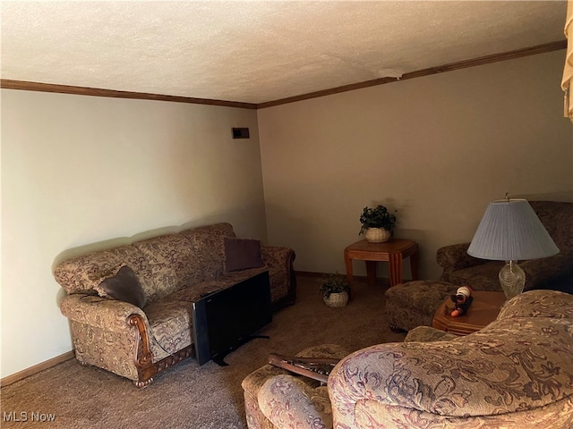 living room with a textured ceiling, ornamental molding, and carpet floors