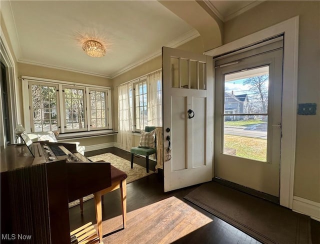 doorway featuring crown molding and dark hardwood / wood-style floors