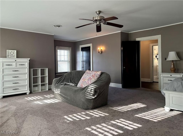 living room featuring dark colored carpet, ceiling fan, and ornamental molding