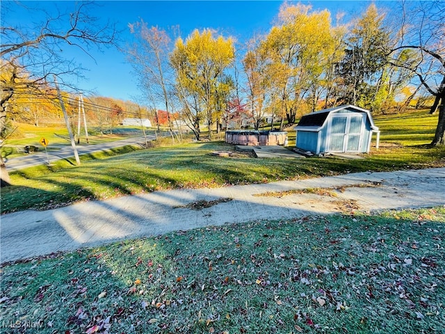 view of yard featuring a storage shed