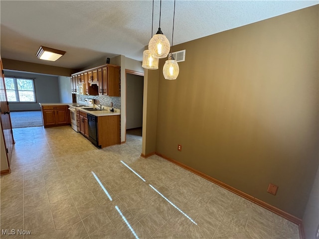 kitchen with black dishwasher, a textured ceiling, white stove, decorative light fixtures, and decorative backsplash