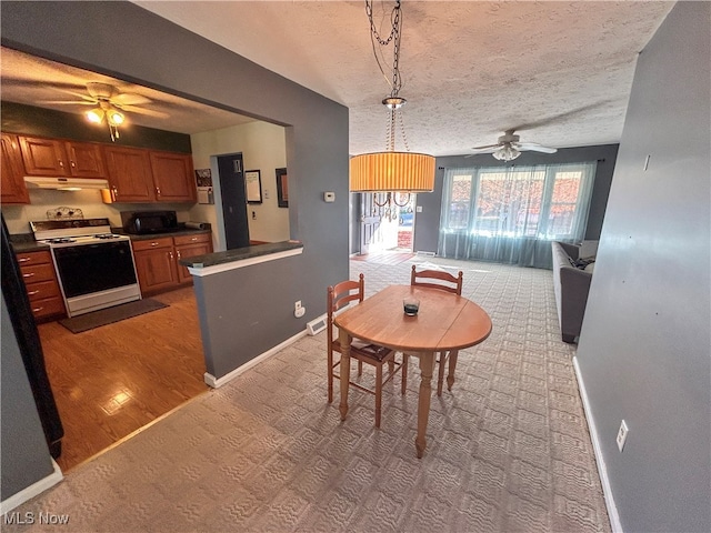 dining space featuring ceiling fan, a textured ceiling, and light hardwood / wood-style flooring