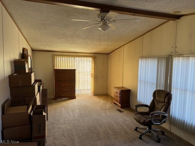 9793 Ziegler Rd, Hanoverton, OH 44423 - sitting room with light colored carpet, a textured ceiling, ceiling fan, and vaulted ceiling with beams