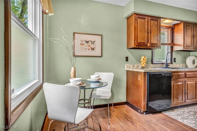 kitchen featuring sink, dishwasher, and light wood-type flooring