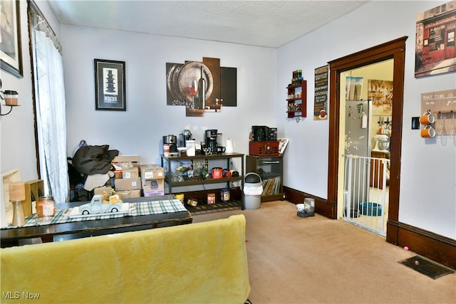 living room with carpet flooring and a textured ceiling