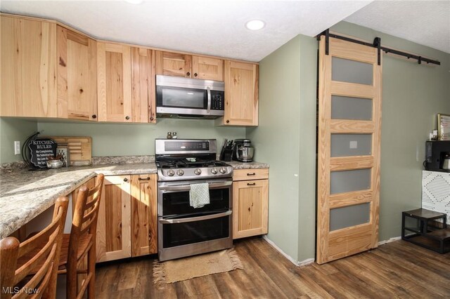 kitchen with a barn door, stainless steel appliances, dark wood-type flooring, and light stone counters