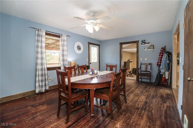 dining room with ceiling fan and dark hardwood / wood-style flooring