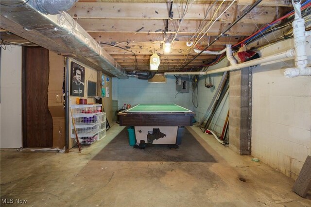 basement featuring electric panel and billiards