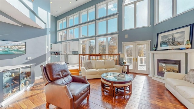 282 Orlando Mnr, Wintersville, OH 43953 - living area featuring a towering ceiling, french doors, light wood-style floors, and a glass covered fireplace