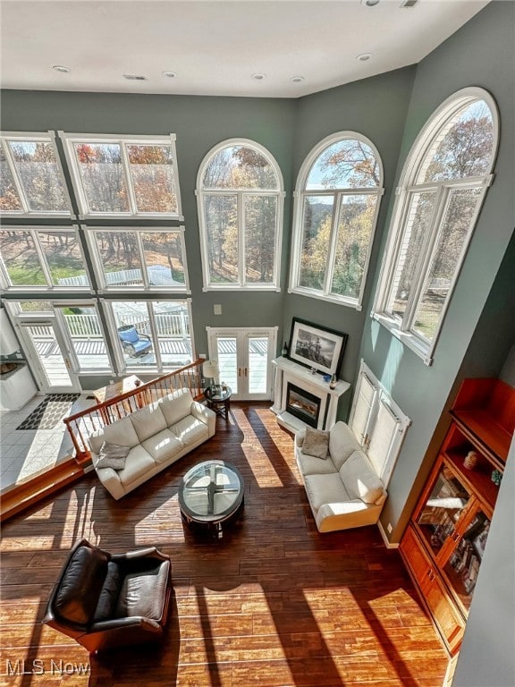 living room featuring a towering ceiling, hardwood / wood-style floors, and a healthy amount of sunlight