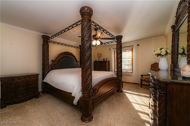 bedroom with light carpet, crown molding, and ceiling fan