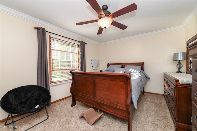 bedroom with crown molding, light carpet, and ceiling fan