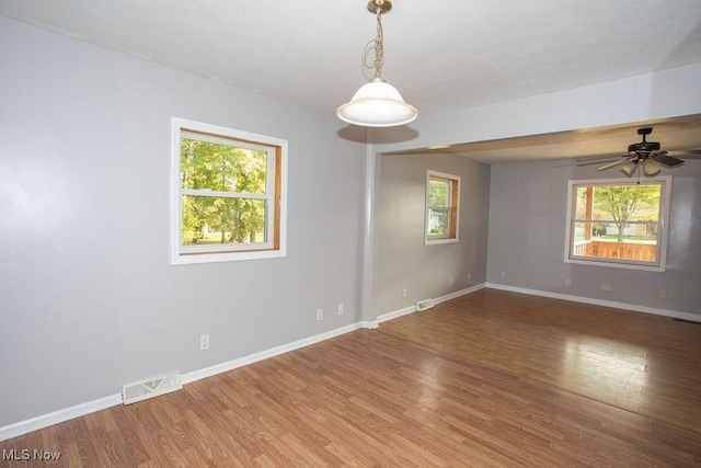 empty room with hardwood / wood-style floors, plenty of natural light, and ceiling fan