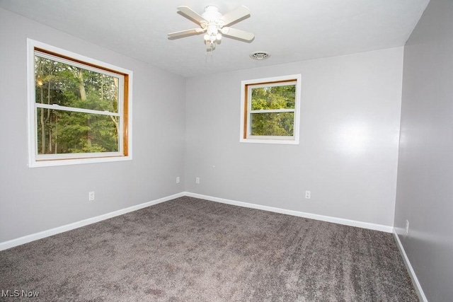 carpeted empty room with ceiling fan and a healthy amount of sunlight