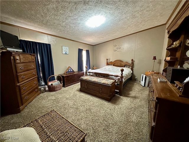 carpeted bedroom with crown molding and a textured ceiling