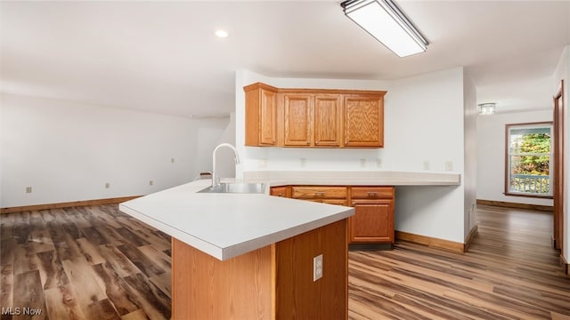 kitchen with sink, kitchen peninsula, and dark hardwood / wood-style flooring