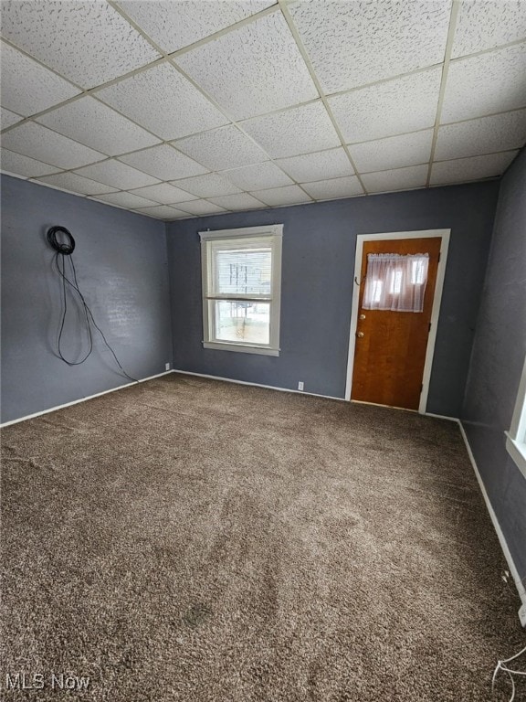 carpeted entryway featuring a paneled ceiling